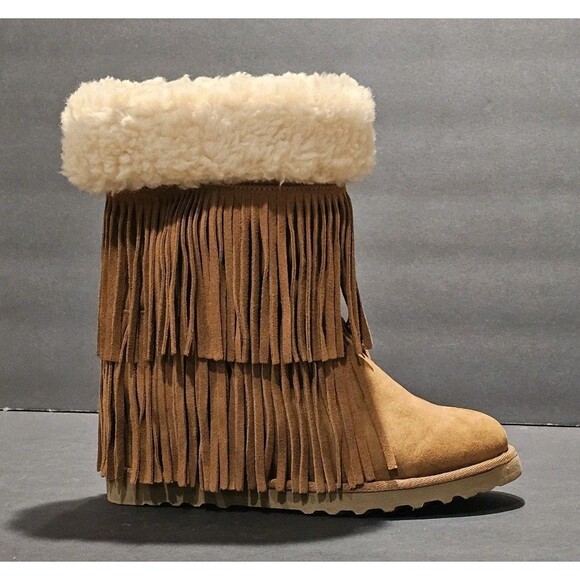 Madden Girl Sleet Fringe Hidden Wedge Boots Faux Fur Suede Chestnut Brown 9.5 M - Picture 10 of 14